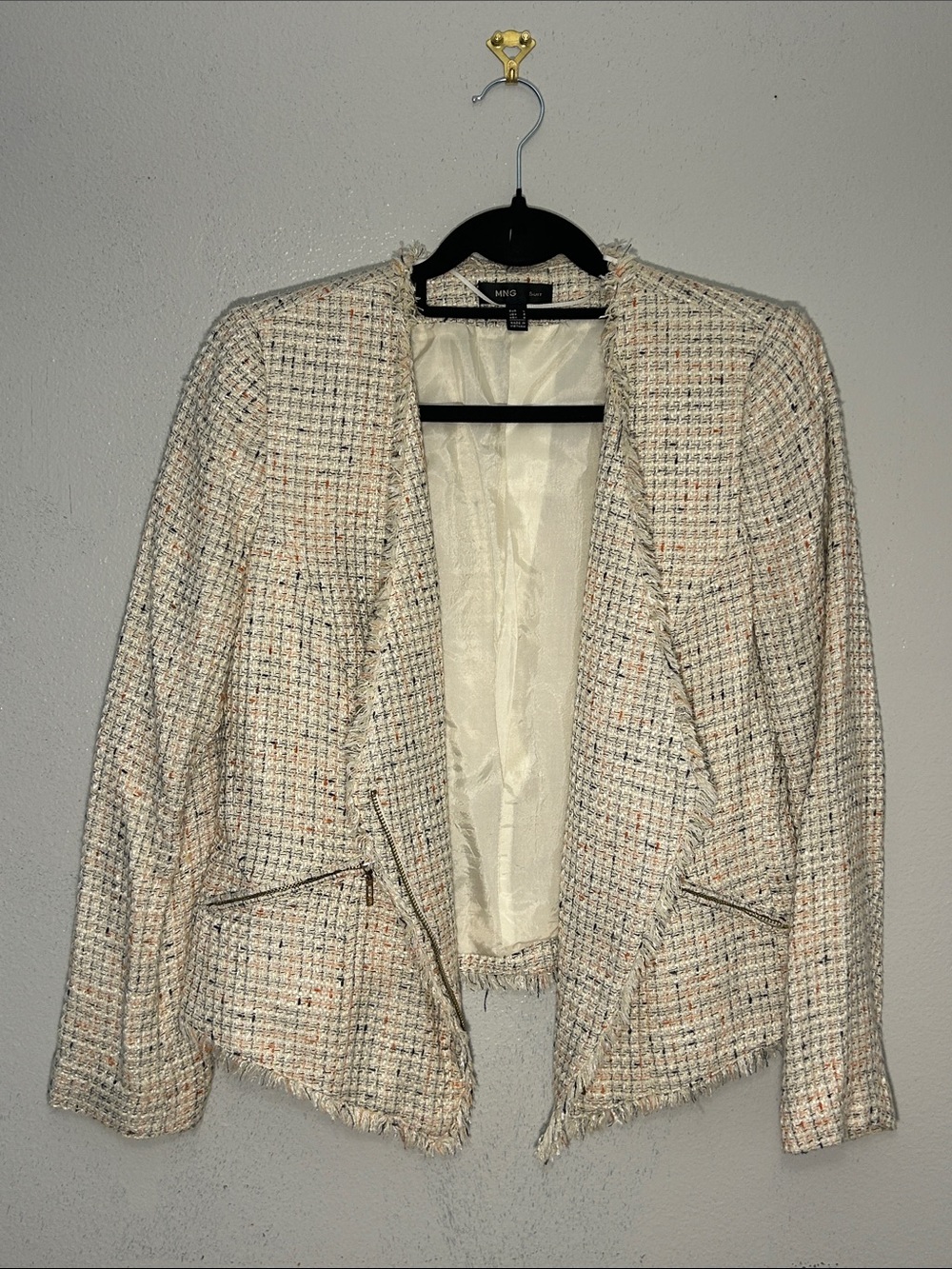 Mango MNG Tweed Moto Jacket Size 8 Cream Frayed Zip Blazer